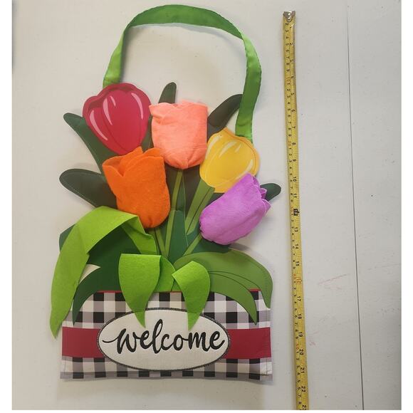 Spring Welcome Felt Door Hanger with  Black and White Check 3D Tulips 21 in long - Picture 3 of 8